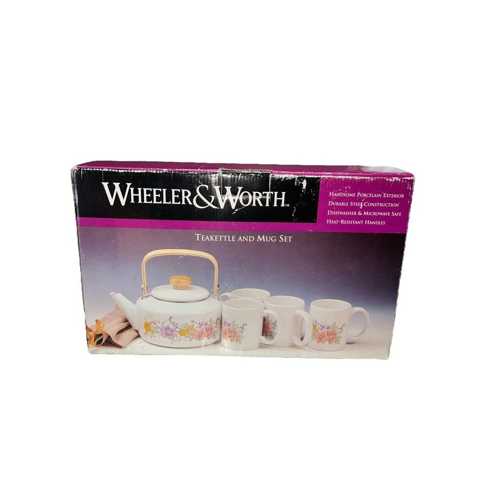 Vintage Wheeler & Worth Teakettle And 4 Mug Set New in Box, Floral Pattern 13477